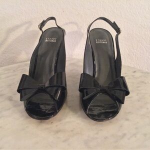Stuart Weitzman Patent Leather Black Peep Toe Heels Bow Front